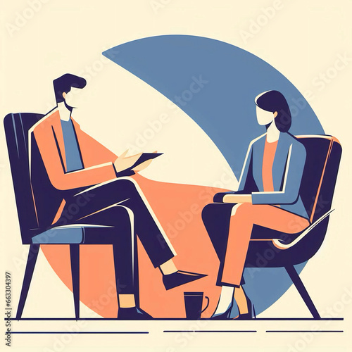 2d Flat raster illustration, session with a psychologist, the client expresses his feelings to the psychologist, digital painting. Generative AI.