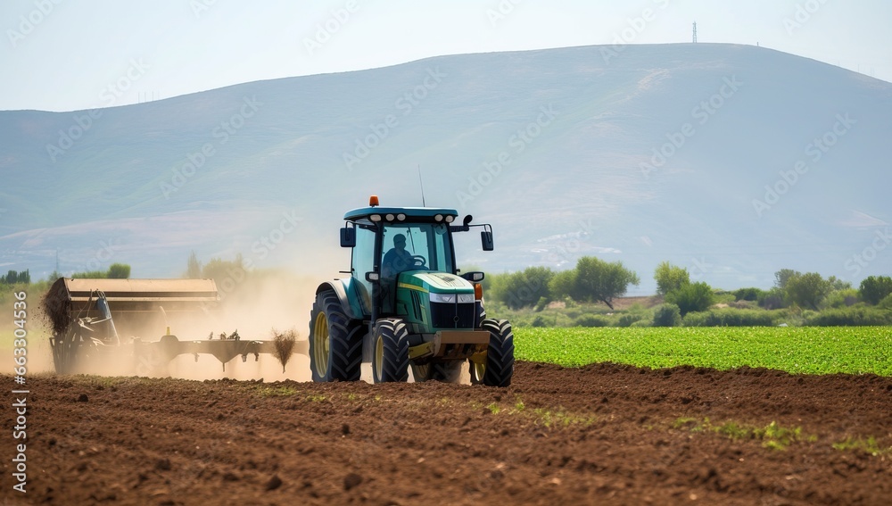 Obraz premium Farmer with tractor preparing land