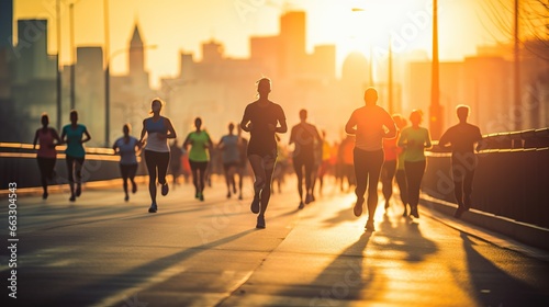Marathon running race, people feet on city road at sunrise. © Meow Creations