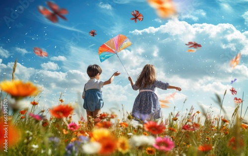 Kite Flying Children Vibrant Flower Field