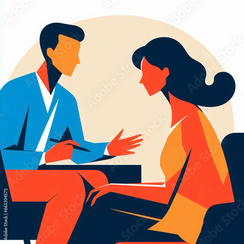 2d Flat raster illustration, session with a psychologist, the client expresses his feelings to the psychologist, digital painting. Generative AI.