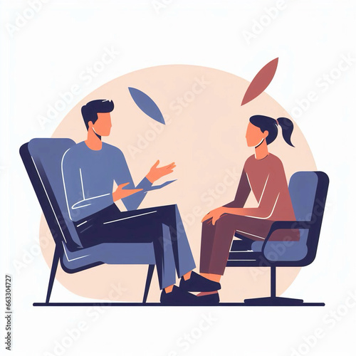 2d Flat raster illustration, session with a psychologist, the client expresses his feelings to the psychologist, digital painting. Generative AI.