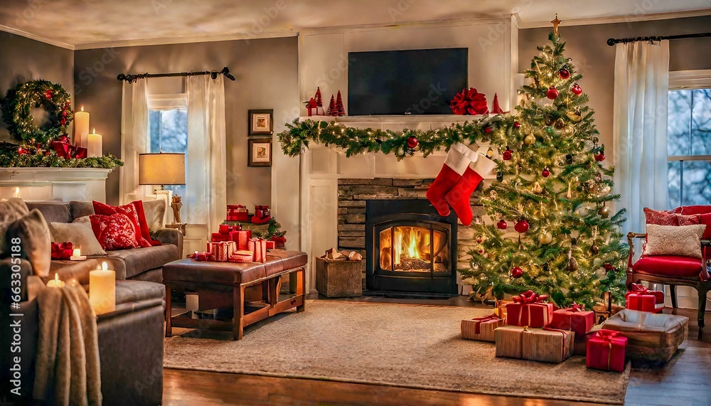 Inside, a Magical Christmas Ambiance with a Gleaming Tree and Hearth