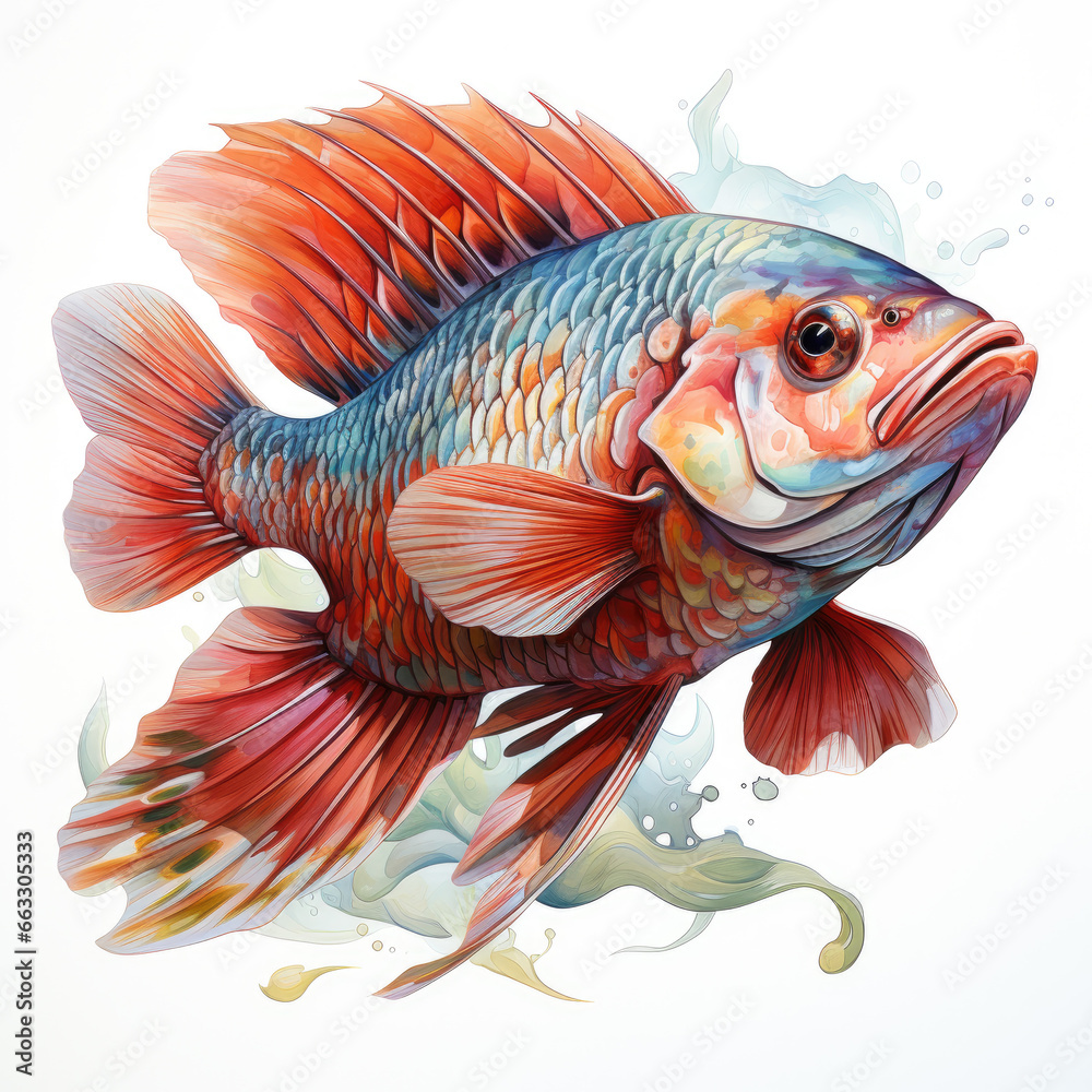 Fototapeta premium watercolor Tilapia dragon Teaclipart, Generative Ai