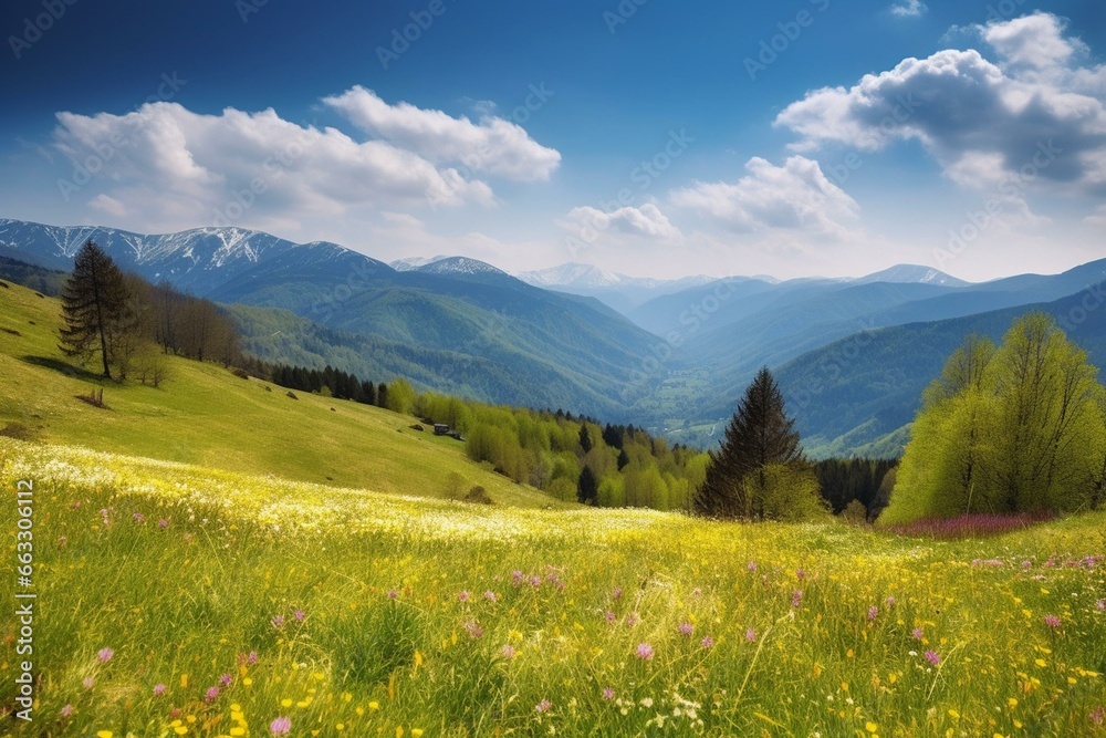 Picturesque mountain landscape with blooming meadows during spring. Generative AI