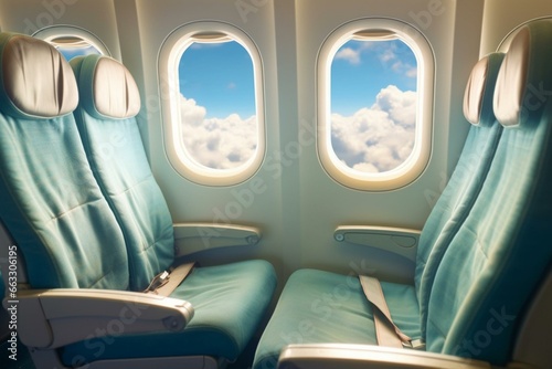 Enjoy tranquil air travel: vacant seat rows, fluffy clouds through windows. Generative AI