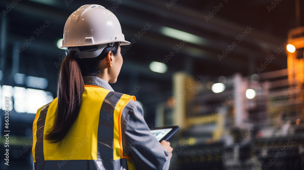 Female Worker at the Control Panel, working in a factory, with copy space, blurred background Female Worker at the Control Panel, working in a factory, with copy space, blurred background
