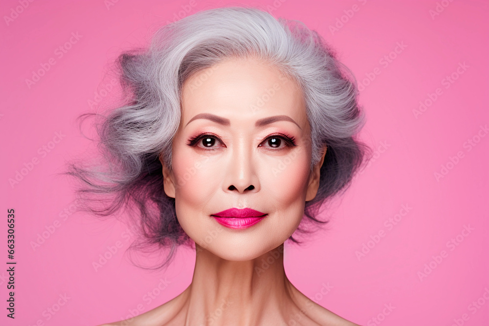 Beautiful mature asian woman with pastel pink lips
