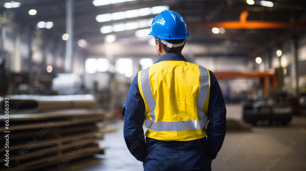 Factory Floor Supervisor, working in a factory, with copy space, blurred background Factory Floor Supervisor, working in a factory, with copy space, blurred background