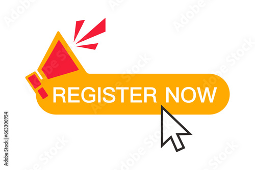 Register Now banner, speech bubble label register now. Vector illustration