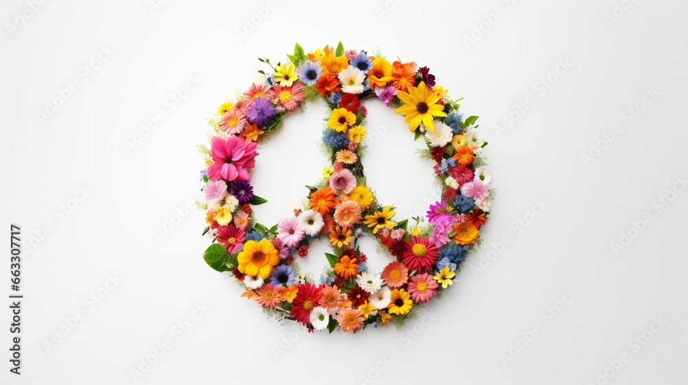 Peace Symbol Made from Various Flowers on the White Background
