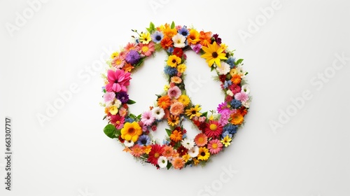 Peace Symbol Made from Various Flowers on the White Background
