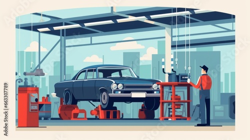 A minimalist illustration character of technicians are inspecting a car in garage