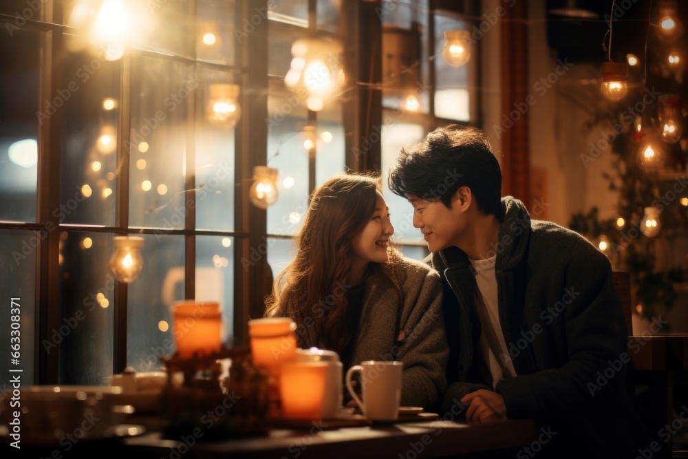 An Asian couple sharing a romantic evening date at a charming, candlelit cafe - obrazy, fototapety, plakaty 