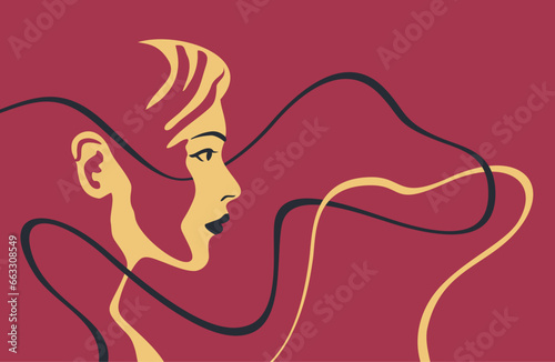 Young woman face made from abstract wavy lines