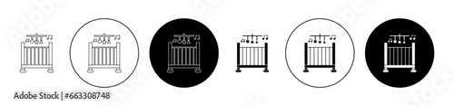 Lullaby toy icon set in black filled and outlined style. Baby kid bed carousel vector symbol for ui designs.