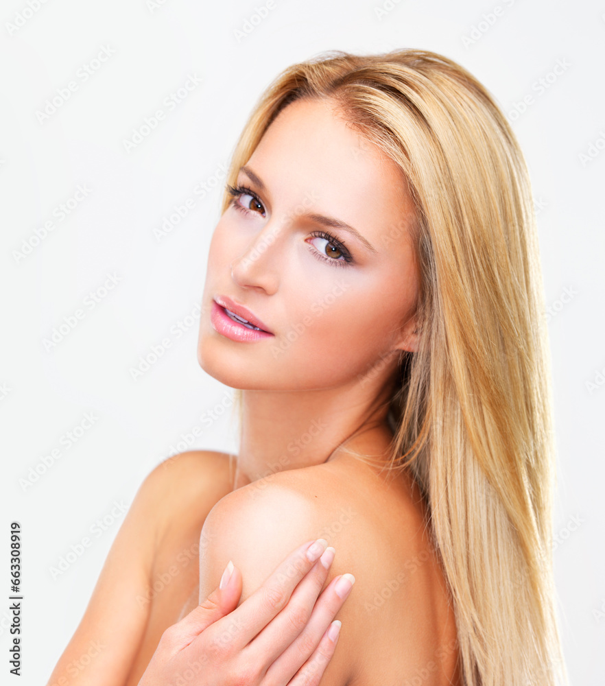 Portrait, woman and beauty in studio for skincare, salon treatment and keratin shampoo on white background. Model, blonde hair and face for dermatology, cosmetics and aesthetic glow, shine and care Portrait, woman and beauty in studio for skincare, salon treatment and keratin shampoo on white background. Model, blonde hair and face for dermatology, cosmetics and aesthetic glow, shine and care