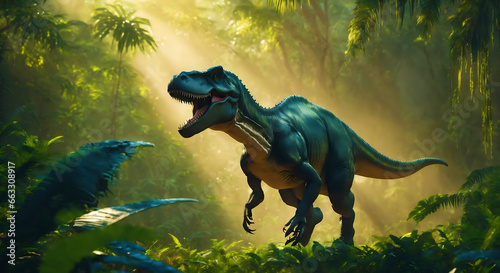 Tyrannosaurus rex in the jungle, light shines through. Tyrannosaurus Rex dinosaur in green prehistoric jungle forest on a Sunny morning. lush rain forest. Generative AI © Maxim Chuev