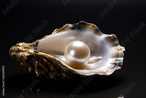 Open oyster with pearl isolated on dark background photo