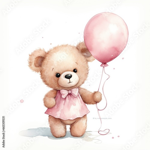 Watercolor funny playful teddy bear on white background.