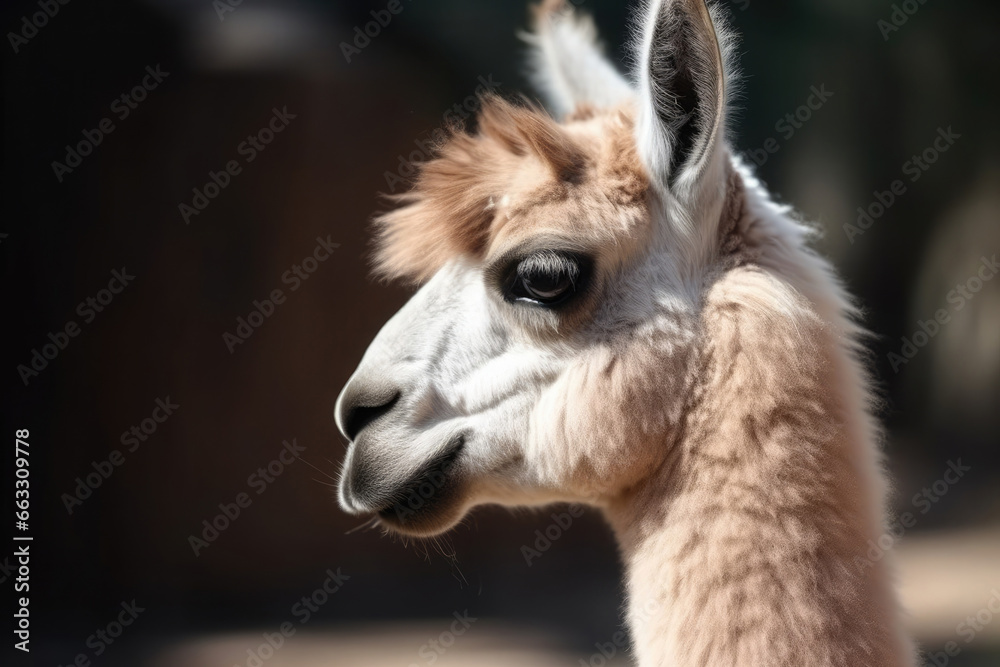 Profile of a llama head. Andean wildlife photography 