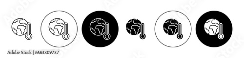 Global warming icon set in black color. Planet climate change vector icon. Earth warm temperature vector sign for ui designs.