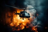 In this dramatic capture, a military helicopter takes to the sky, blades slicing through air as it ascends in flight