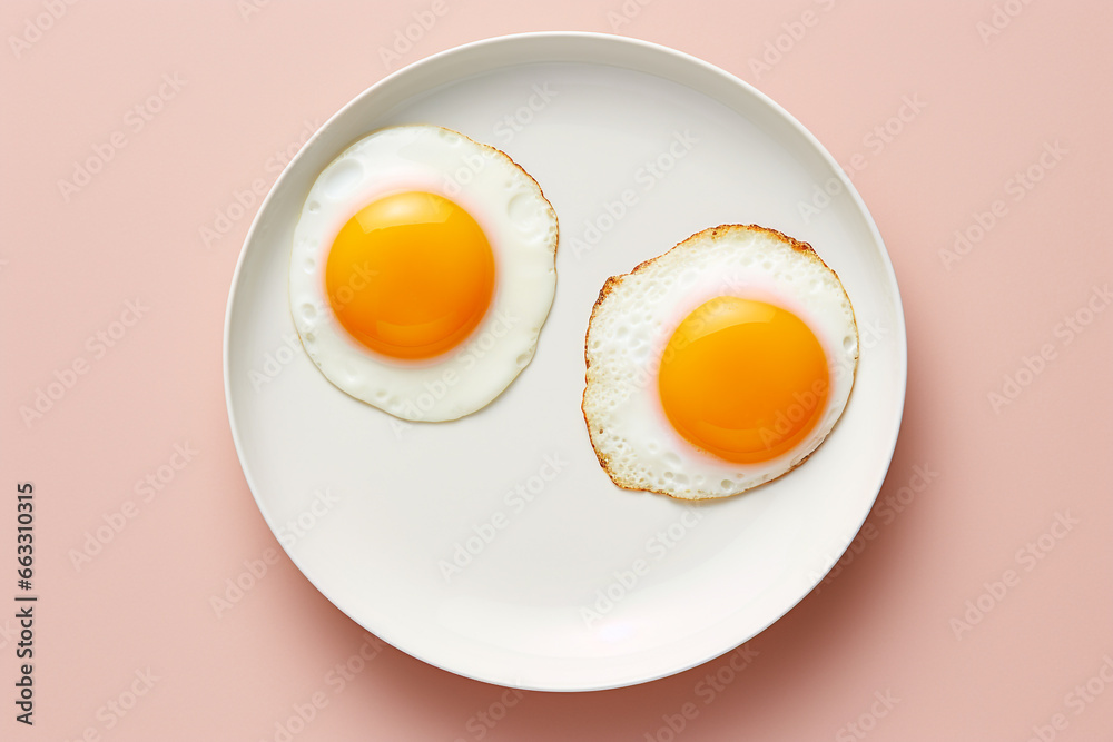 Food concept. Top view of two fried eggs on plate. Minimalist style, muted pastel colors. Generative AI Food concept. Top view of two fried eggs on plate. Minimalist style, muted pastel colors. Generative AI