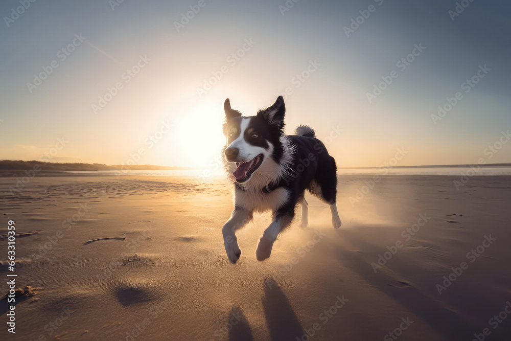 Border collie dog running happily on a beach at sunset 