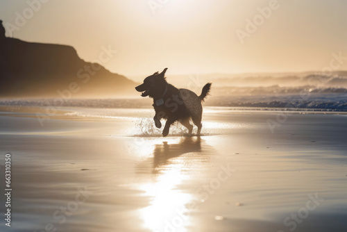 Dog running on the beach at sunset. 