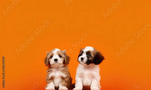 Adorable and fluffy doodle puppies. Studio portrait on a orange background  photo