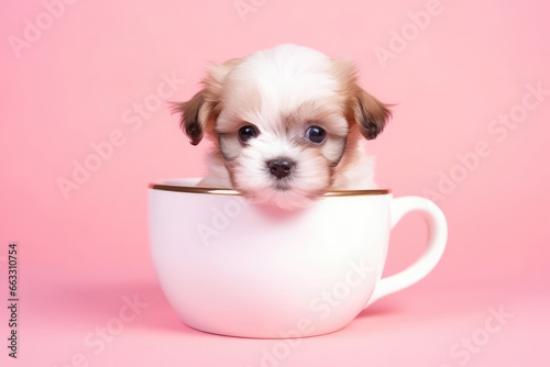 Very small and cute teacup doodle (poodle mix) puppy sitting inside a white teacup. Pet studio portrait, pink background  photo