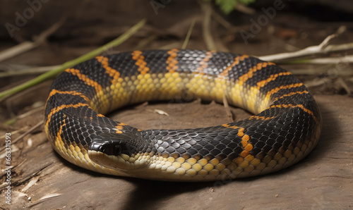 Closeup of a black and yellow tiger snake crawling on the ground 