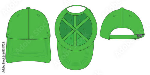 Green Baseball Cap With Adjustable Slide Plastic Buckle Zip Template on White Background.
Front, Under and Back View, Vector File
