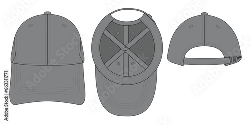 Gray Baseball Cap With Adjustable Slide Plastic Buckle Zip Template on White Background.
Front, Under and Back View, Vector File