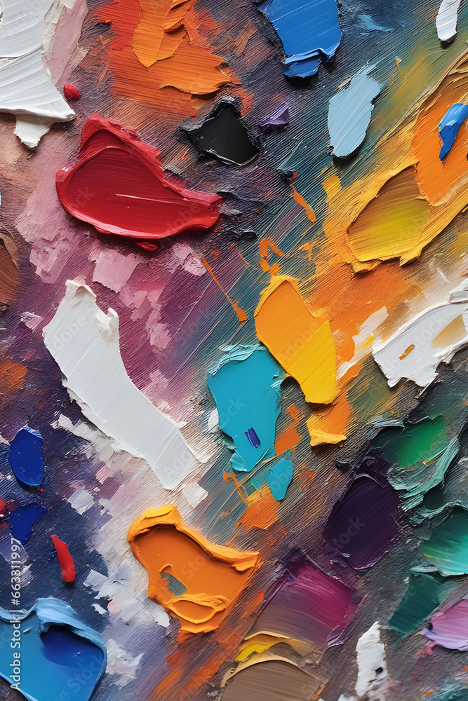 Closeup of abstract smooth colorful multicolored art painting texture, with oil brushstroke, pallet knife paint on canvas. Generative AI (생성형 AI)