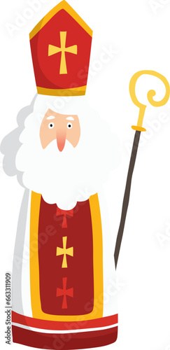 Cute St. Nicholas, Dutch Sinterklaas. Old man with white bear, mitre, cloak and pastoral staff for Christmas invitation, greeting card, web. Flat kids winter design. Vector cartoon illustration.