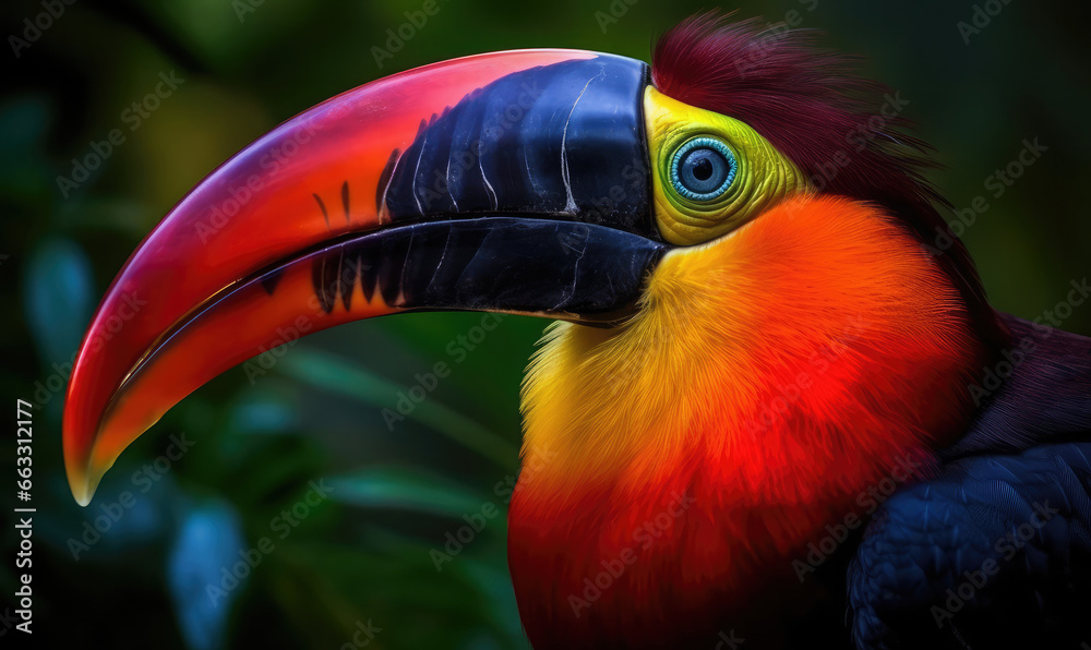 Obraz premium Closeup portrait of a colorful tropical bird (toucan) seen by profile and showing its big beak