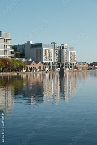 Modern part of Dublin Docklands, known as Silicon Docks, in warm autumn day