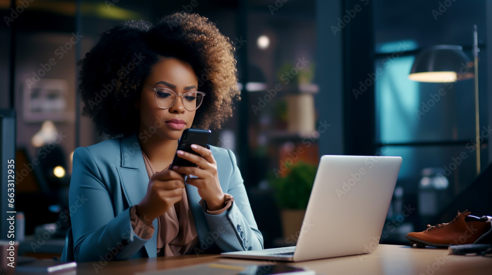 BUSINESS AFRICAN WOMAN WORKING WITH LAPTOP AND SMARTPHONE. image created by legal AI BUSINESS AFRICAN WOMAN WORKING WITH LAPTOP AND SMARTPHONE. image created by legal AI