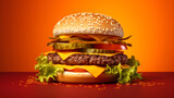BIG HAMBURGER, AMERICAN CLASSIC FOOD. HORIZONTAL IMAGE. image created by legal AI