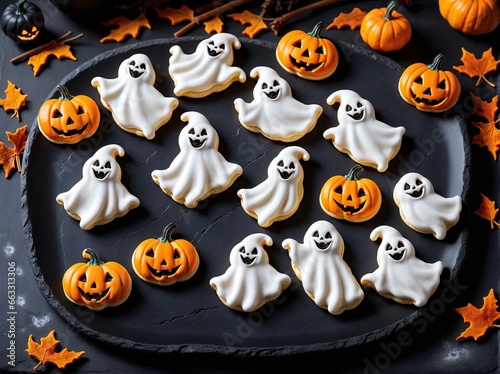 Ghost-shaped meringue cookies and Jack-o'-lantern shaped biscuits for Halloween