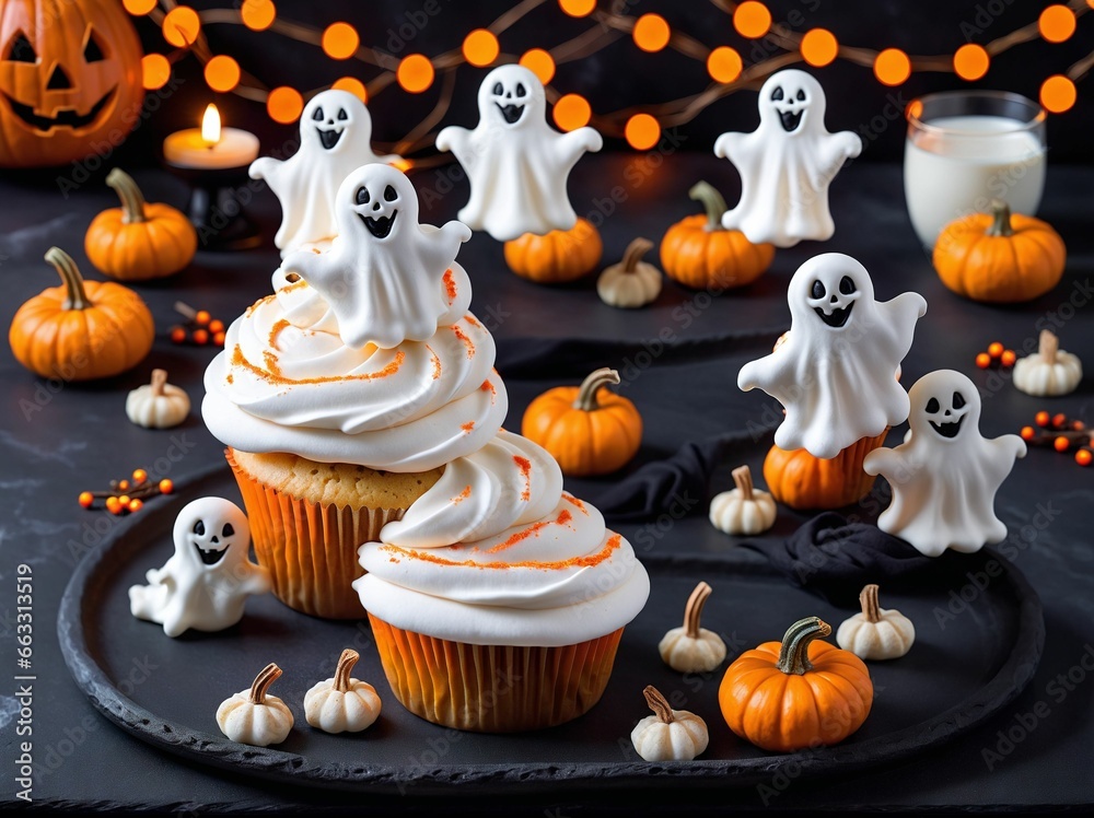 Cupcakes topped with a ghost-shaped meringue cookie for Halloween Cupcakes topped with a ghost-shaped meringue cookie for Halloween