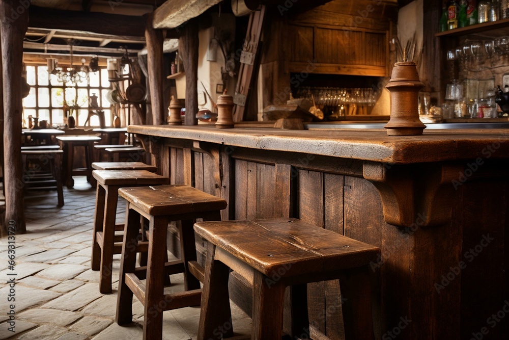 Wooden counter and stools in medieval tavern. Generative AI