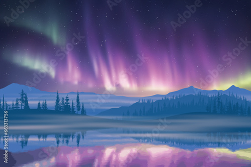Aurora borealis reflected in water, winter holiday illustration, northern nature