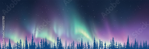 Contour of trees against the background of aurora borealis, winter holiday illustration