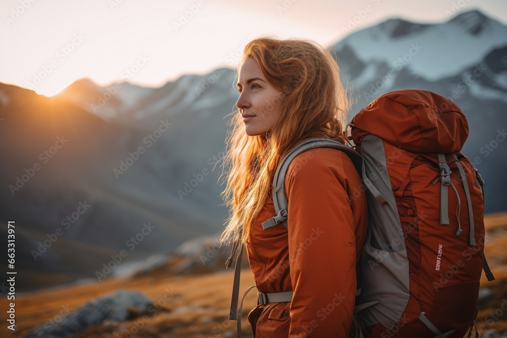 Beautiful woman hiker with backpack hiking in the mountains at sunset