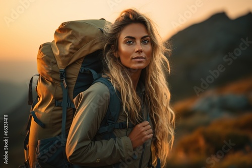 Beautiful woman hiker with backpack hiking in the mountains at sunset