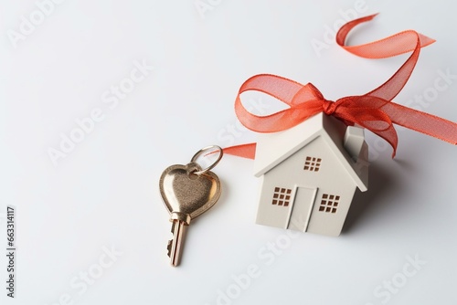 House-shaped trinket and gift box key on light grey background. Flat lay composition for a housewarming party. Generative AI photo