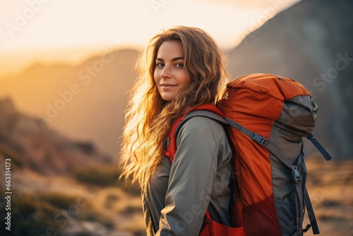 Beautiful woman hiker with backpack hiking in the mountains at sunset © Rudsaphon